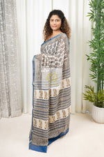 Load image into Gallery viewer, Zari Border Hand Block Print Mulmul Cotton Saree- Ivory Blue
