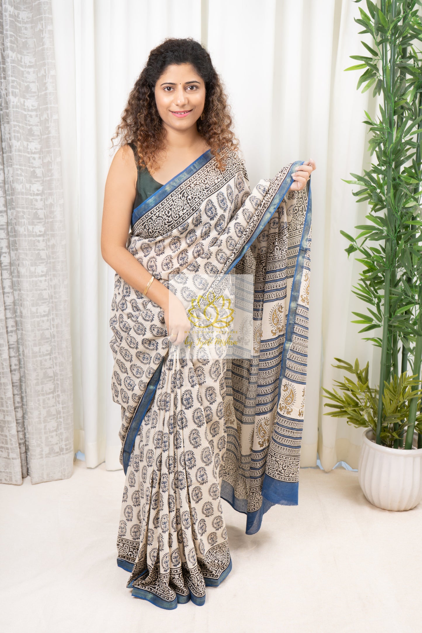 Zari Border Hand Block Print Mulmul Cotton Saree- Ivory Blue