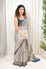 Load image into Gallery viewer, Zari Border Hand Block Print Mulmul Cotton Saree- Ivory Blue
