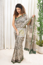 Load image into Gallery viewer, Zari Border Hand Block Print Mulmul Cotton Saree- Ivory Green
