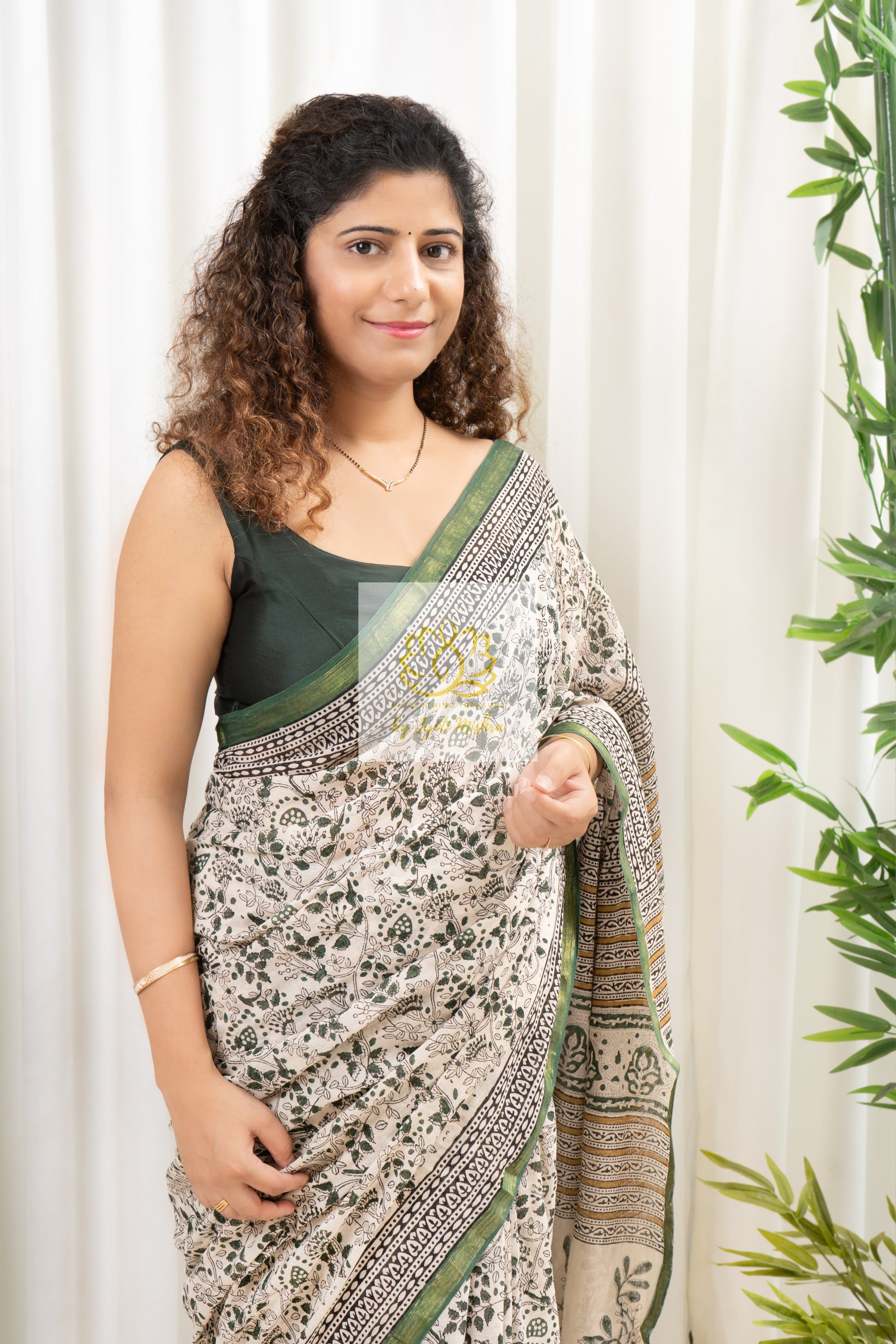 Zari Border Hand Block Print Mulmul Cotton Saree- Ivory Green