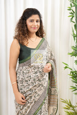 Load image into Gallery viewer, Zari Border Hand Block Print Mulmul Cotton Saree- Ivory Green
