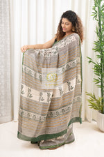 Load image into Gallery viewer, Zari Border Hand Block Print Mulmul Cotton Saree- Ivory Green
