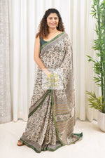 Load image into Gallery viewer, Zari Border Hand Block Print Mulmul Cotton Saree- Ivory Green
