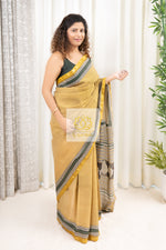 Load image into Gallery viewer, Zari Border Hand Block Print Mulmul Cotton Saree- Mustard
