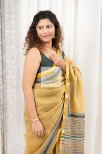 Zari Border Hand Block Print Mulmul Cotton Saree- Mustard