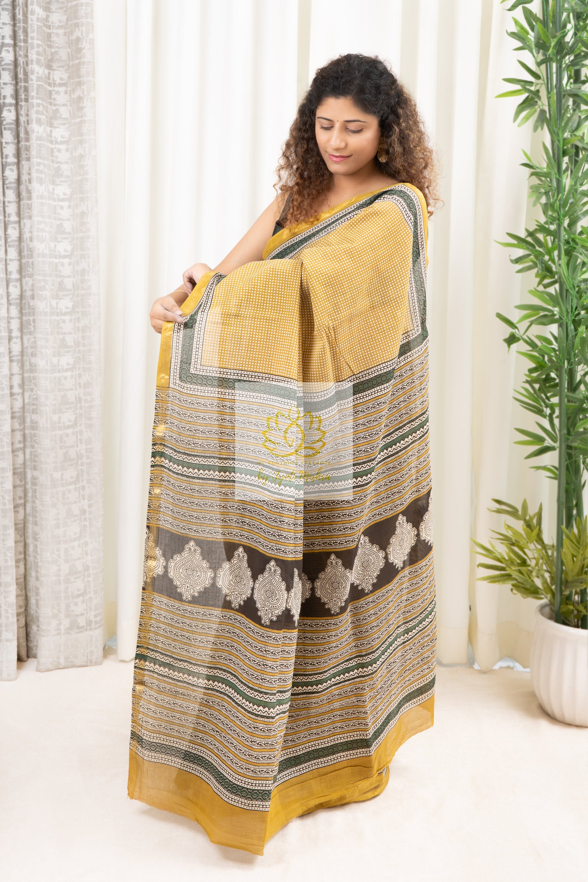 Zari Border Hand Block Print Mulmul Cotton Saree- Mustard