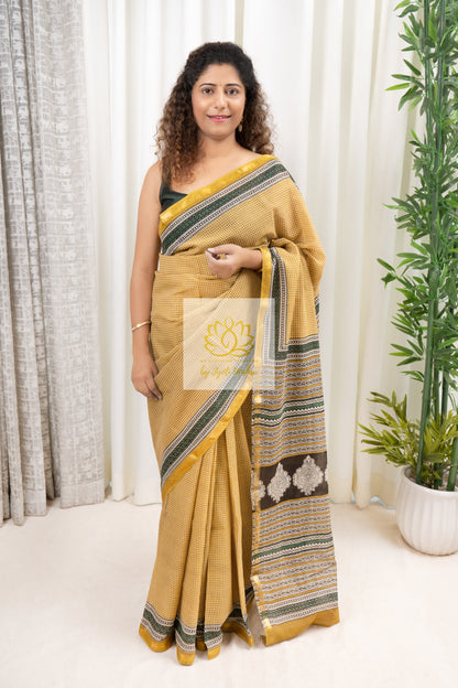 Zari Border Hand Block Print Mulmul Cotton Saree- Mustard