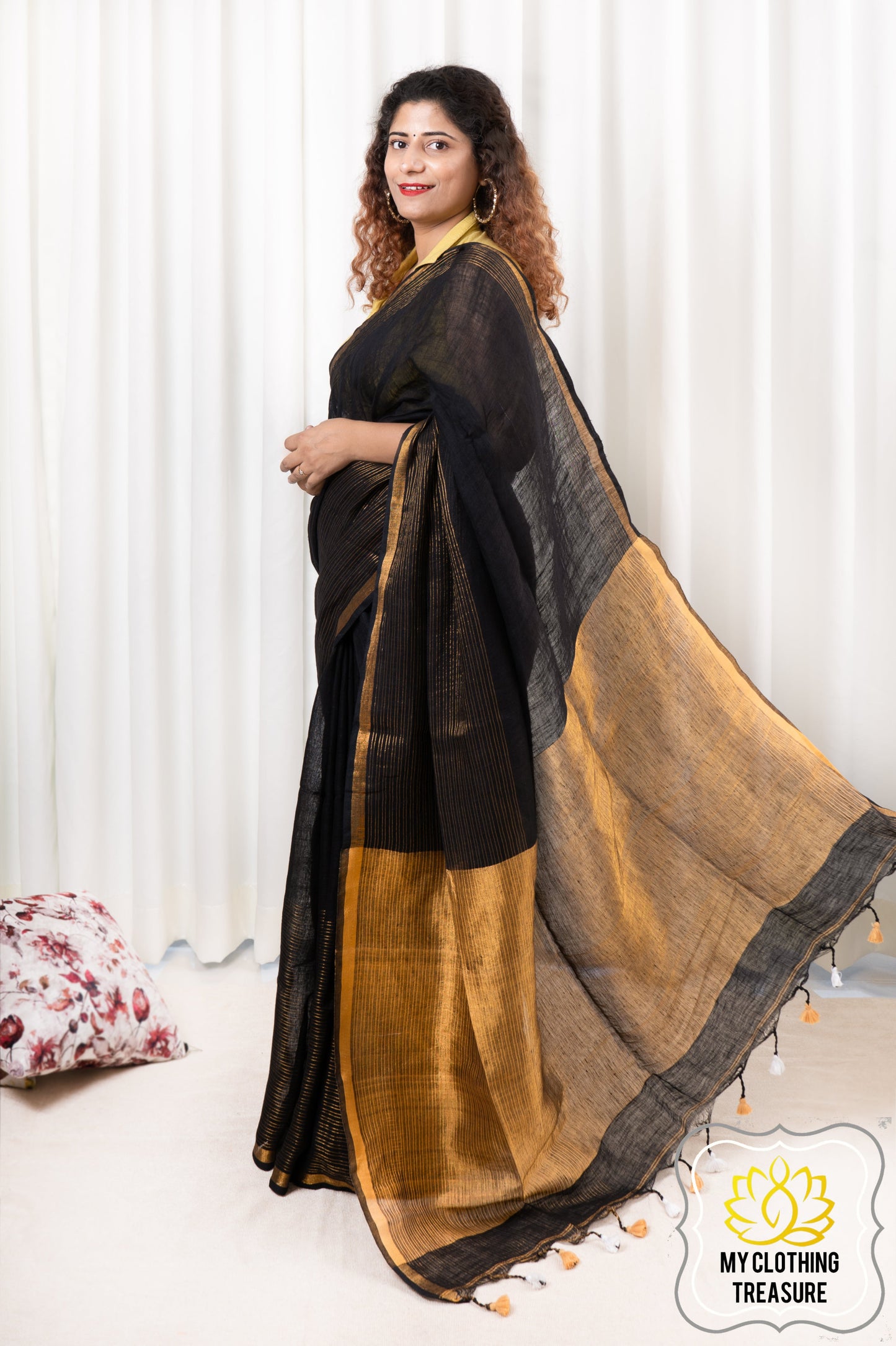 Zari Border Linen Saree - Black