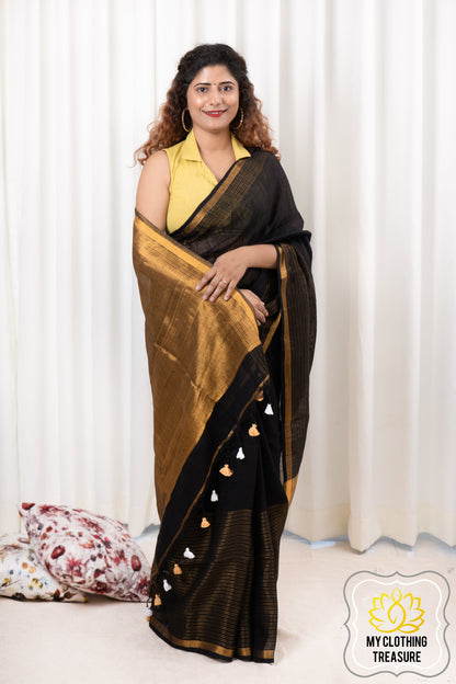 Zari Border Linen Saree - Black