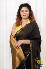 Load image into Gallery viewer, Zari Border Linen Saree - Black
