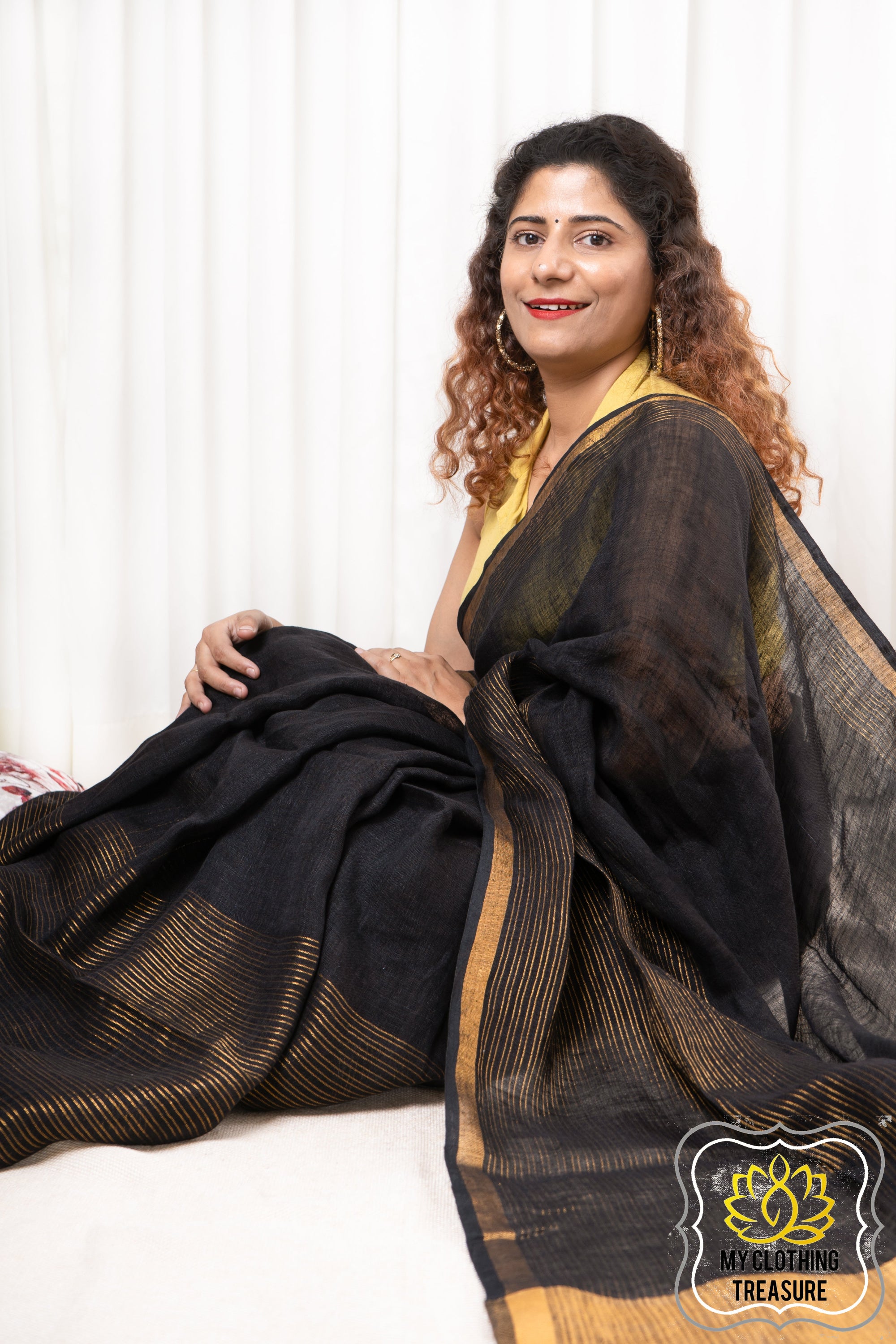 Zari Border Linen Saree - Black