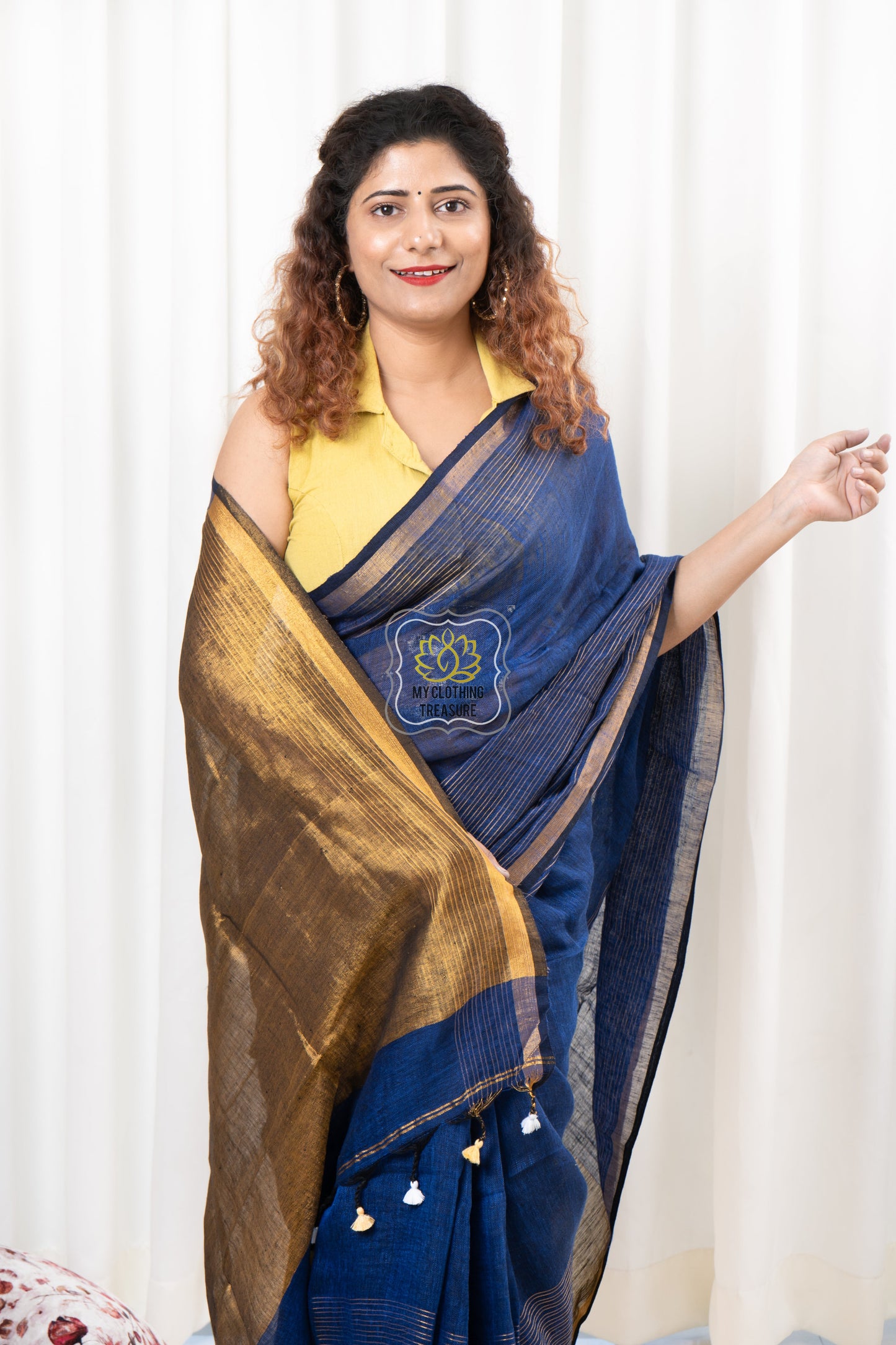 Zari Border Linen Saree - Royal Blue