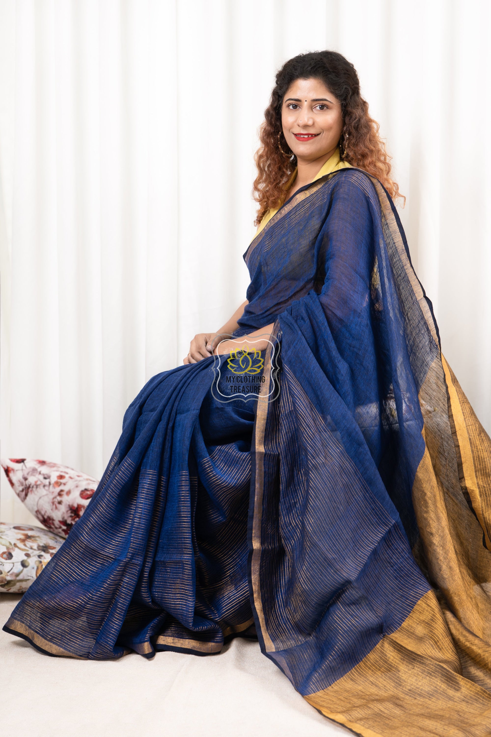 Zari Border Linen Saree - Royal Blue