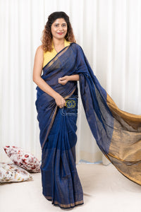 Zari Border Linen Saree - Royal Blue