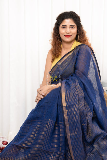 Zari Border Linen Saree - Royal Blue