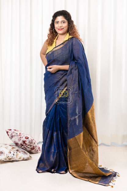 Zari Border Linen Saree - Royal Blue