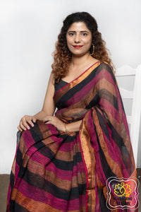 Zari Border Striped Body Linen Saree- Black