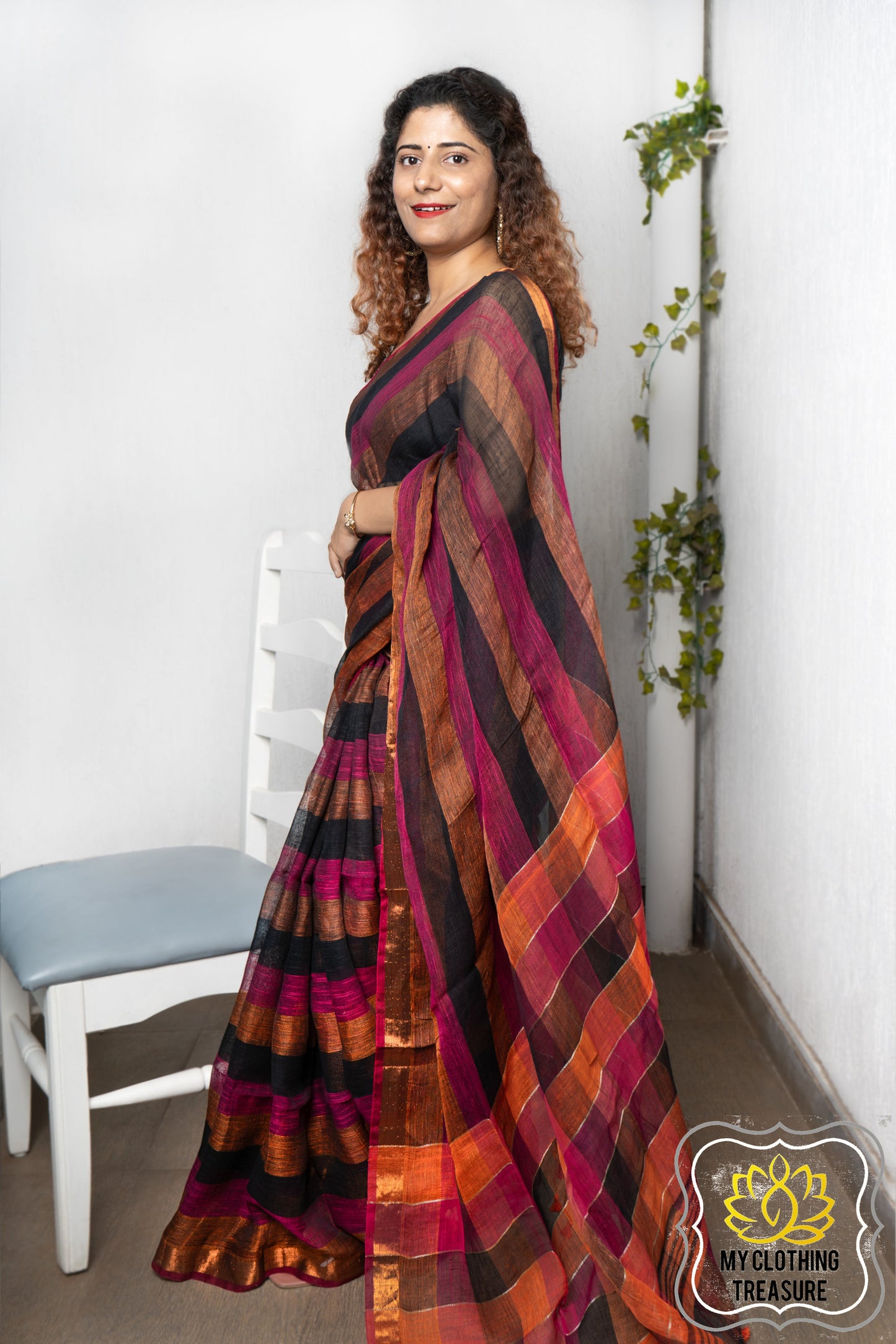 Zari Border Striped Body Linen Saree- Black