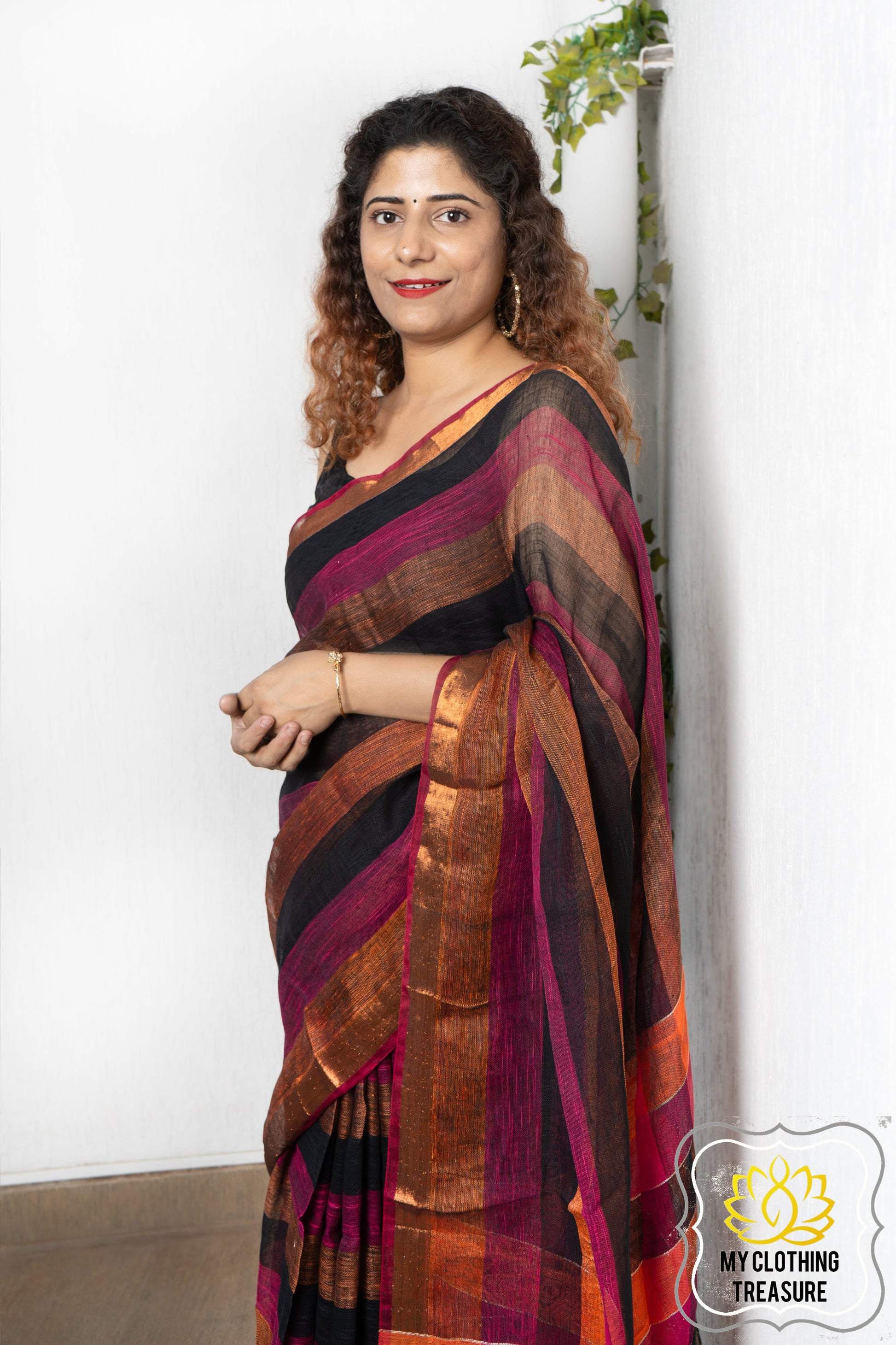 Zari Border Striped Body Linen Saree- Black