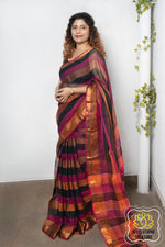 Load image into Gallery viewer, Zari Border Striped Body Linen Saree- Black
