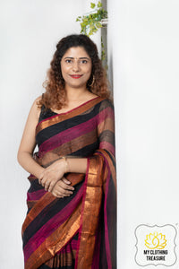 Zari Border Striped Body Linen Saree- Black