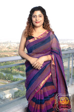 Load image into Gallery viewer, Zari Border Striped Body Linen Saree- Navy Blue
