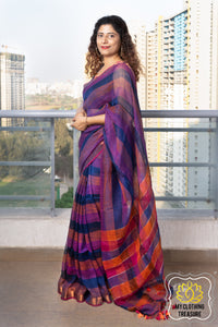 Zari Border Striped Body Linen Saree- Navy Blue