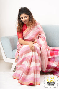 Zari Border Striped Body Linen Saree - Pink