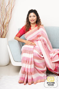 Zari Border Striped Body Linen Saree - Pink