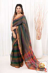 Zari Border Striped Body Linen Saree - Rama Green