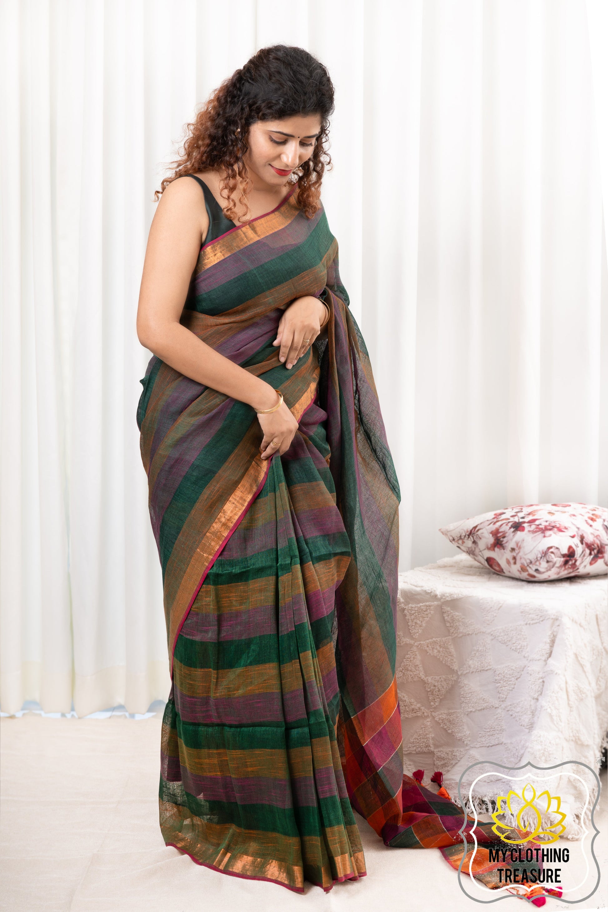 Zari Border Striped Body Linen Saree - Rama Green