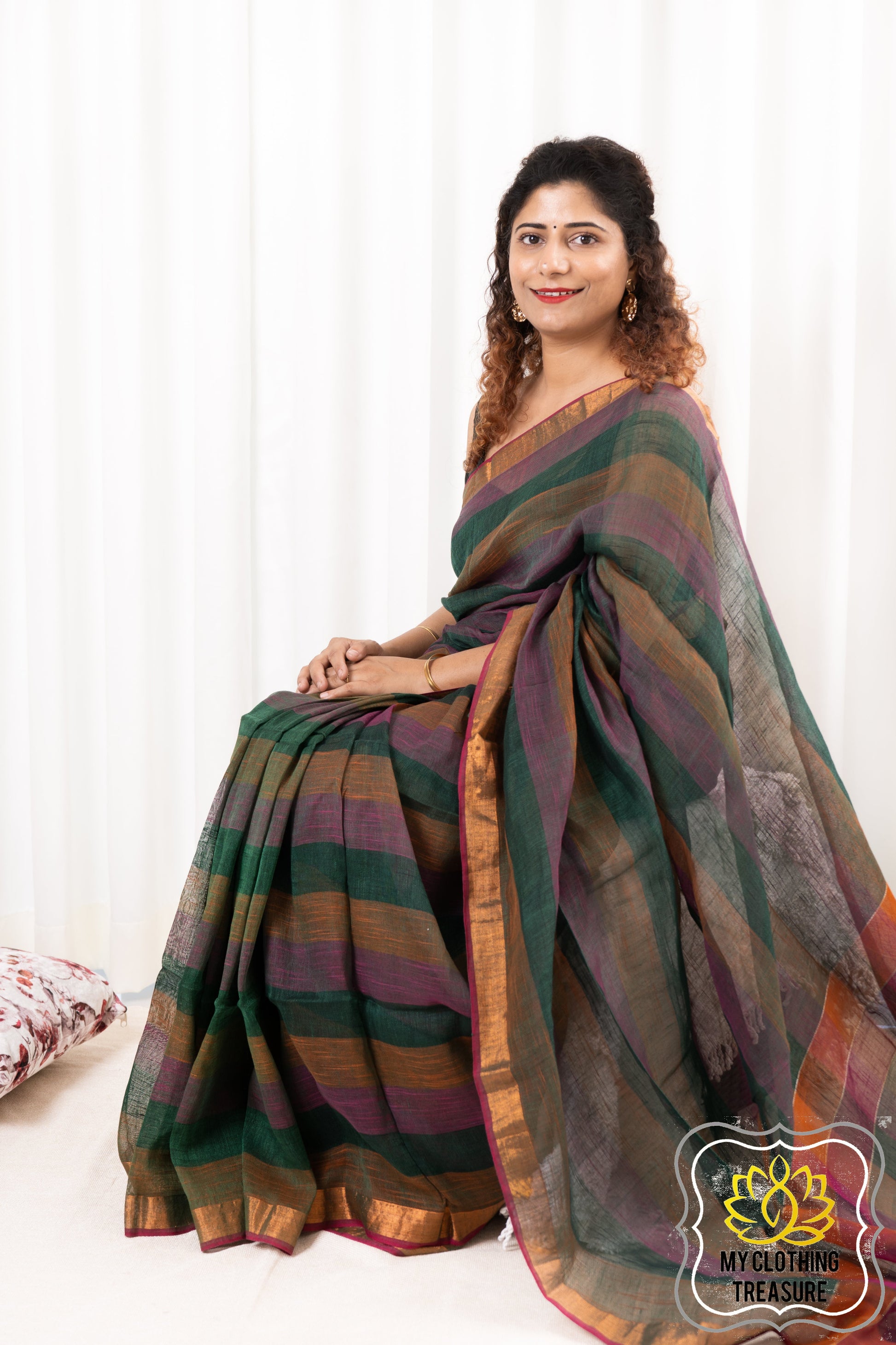 Zari Border Striped Body Linen Saree - Rama Green