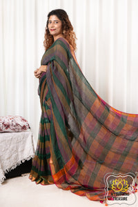 Zari Border Striped Body Linen Saree - Rama Green