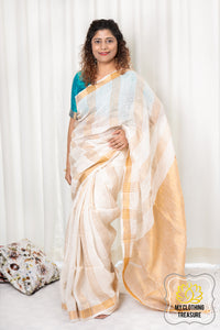 Zari Border Striped Linen Saree - Creamy White