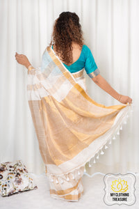 Zari Border Striped Linen Saree - Creamy White