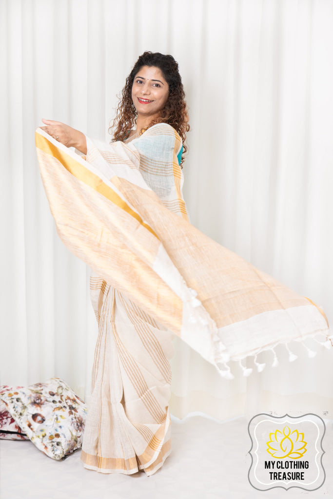 Zari Border Striped Linen Saree - Creamy White