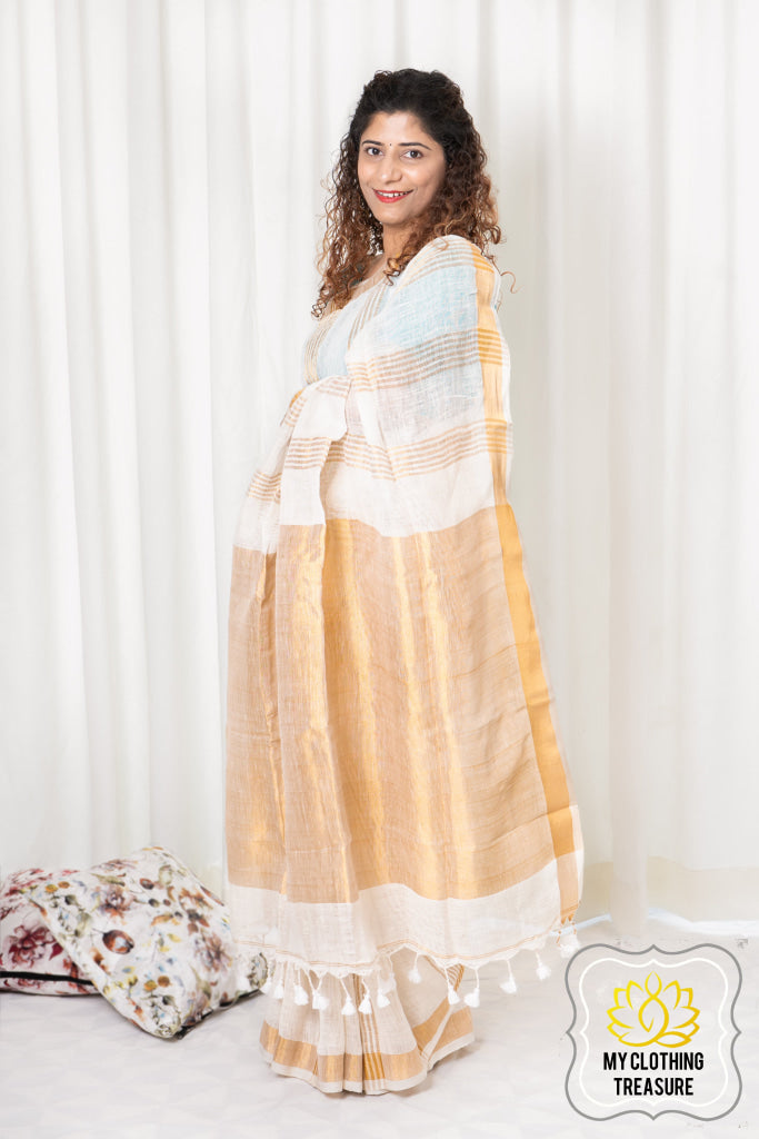 Zari Border Striped Linen Saree - Creamy White