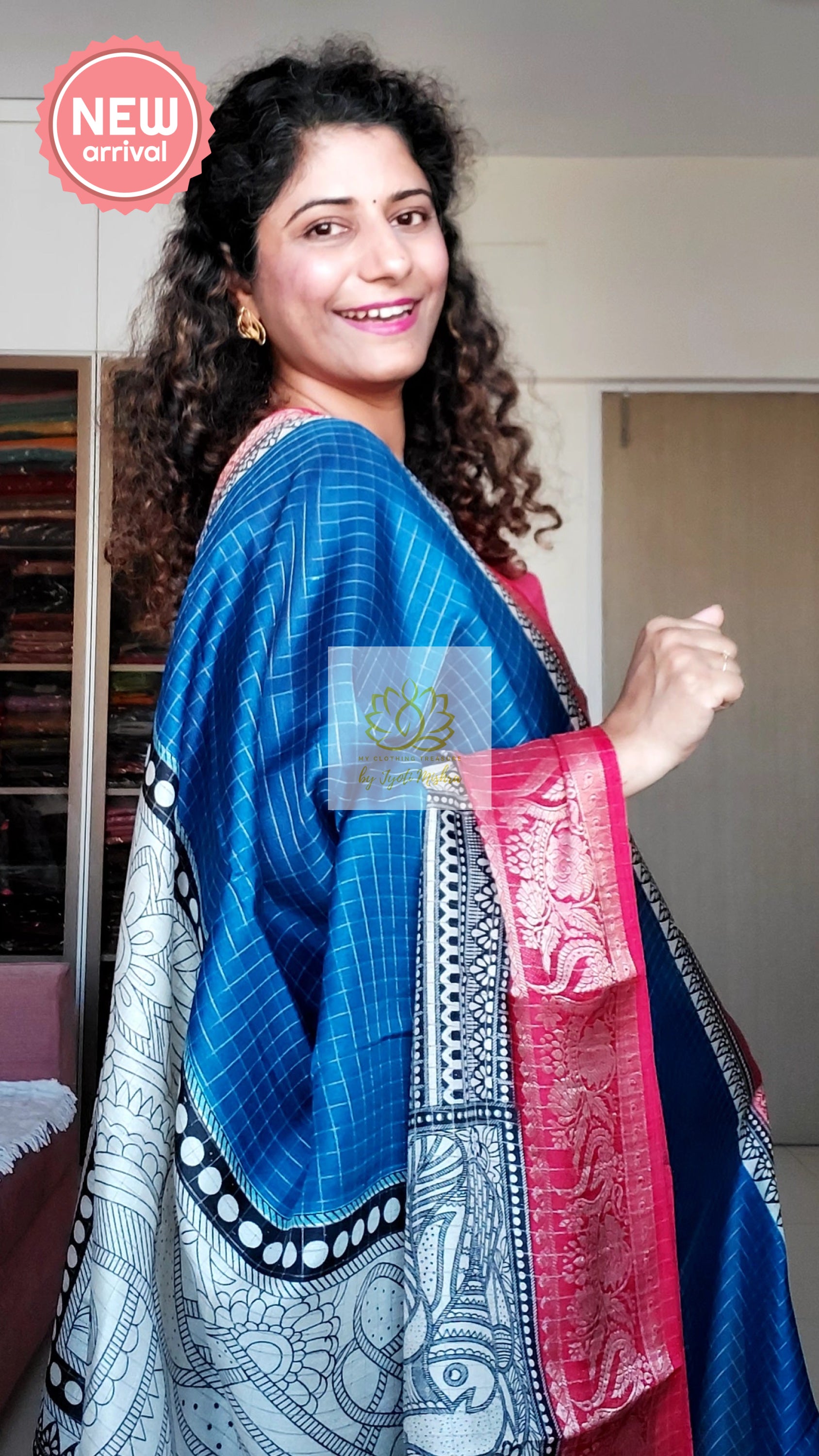 Zari Checks Dola Silk Saree - Deep Blue-Red