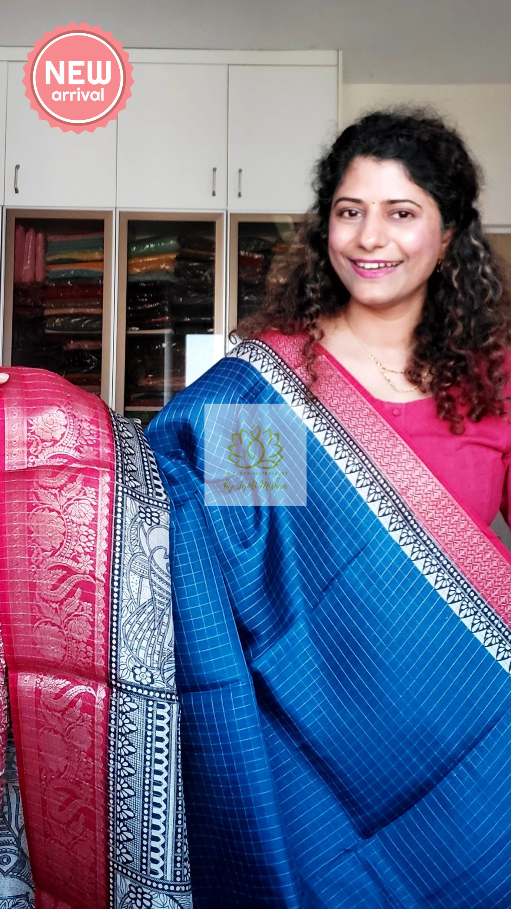 Zari Checks Dola Silk Saree - Deep Blue-Red