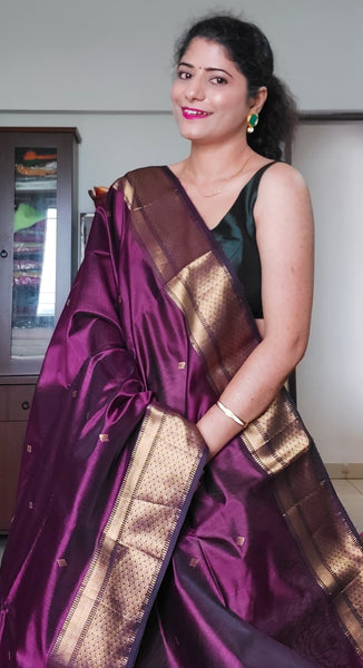 Brinjal Colour Soft Handloom Zari Weaving Silk Saree at Rs 2630.00 |  हैंडलूम रेशम साड़ी - Bhakti Silk Mills, Surat | ID: 2850511240991