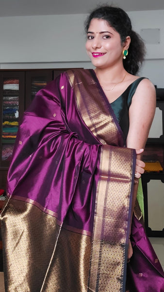 Borderless purple designer silk saree with zari designs, contrast pallu of  thilakam mokku,muthu,poun & jaal designs
