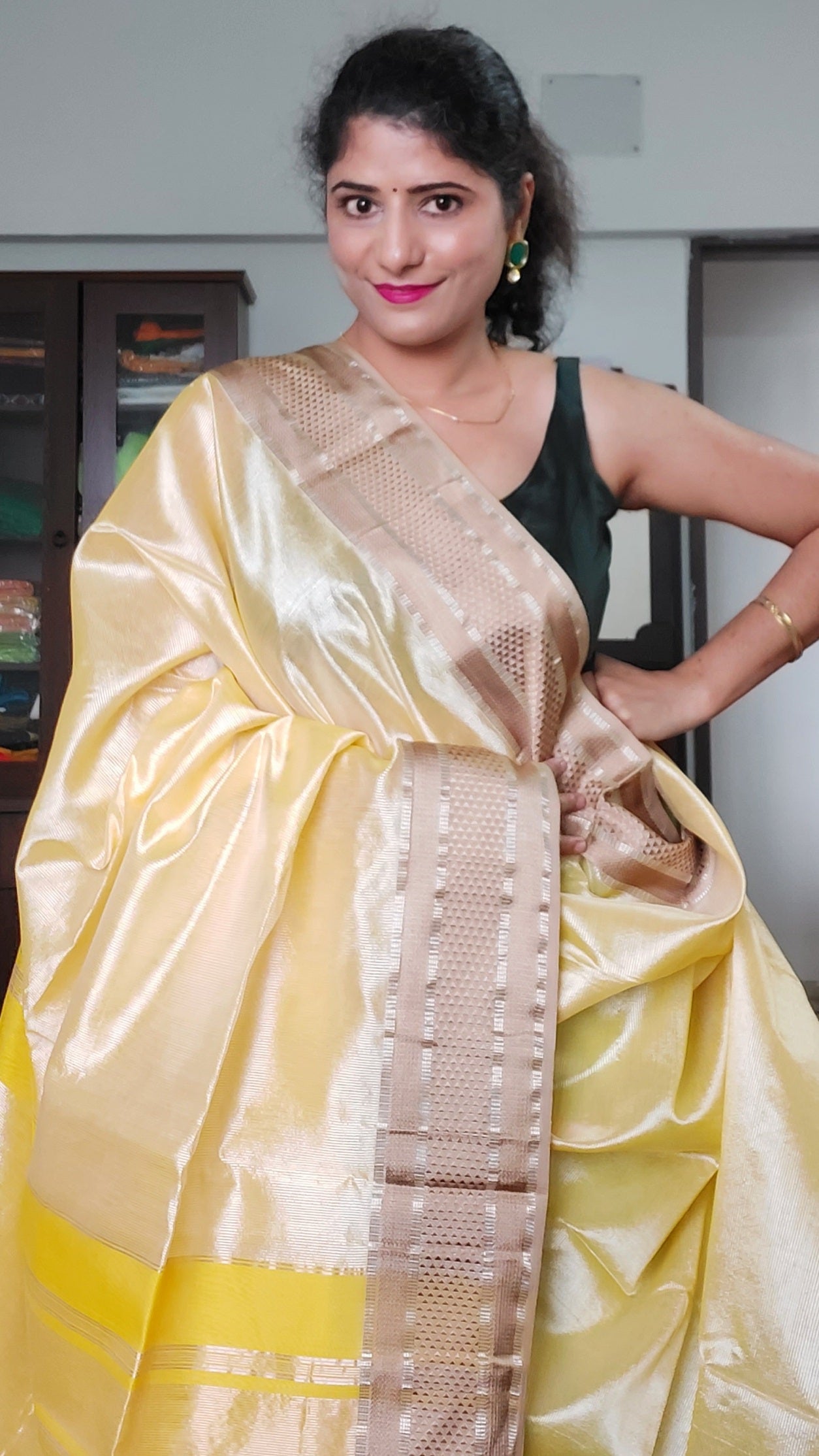 Gorgeous Handwoven Maheshwari Tissue Saree in Gold -Sandalwood with Mi –  Shobitam