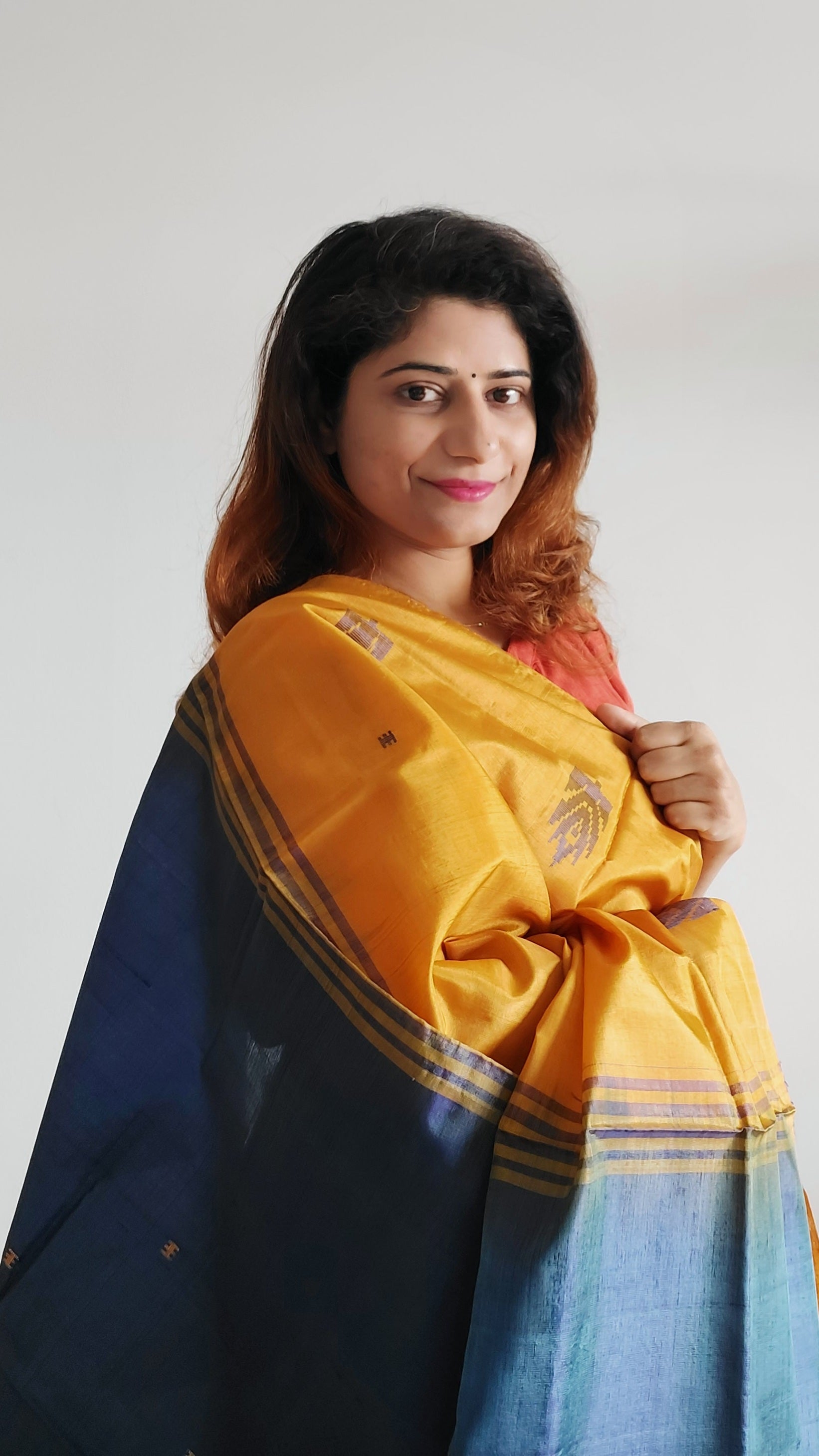 Handwoven Banana Pith Silk Saree- Mustard Yellow and Shot Blue