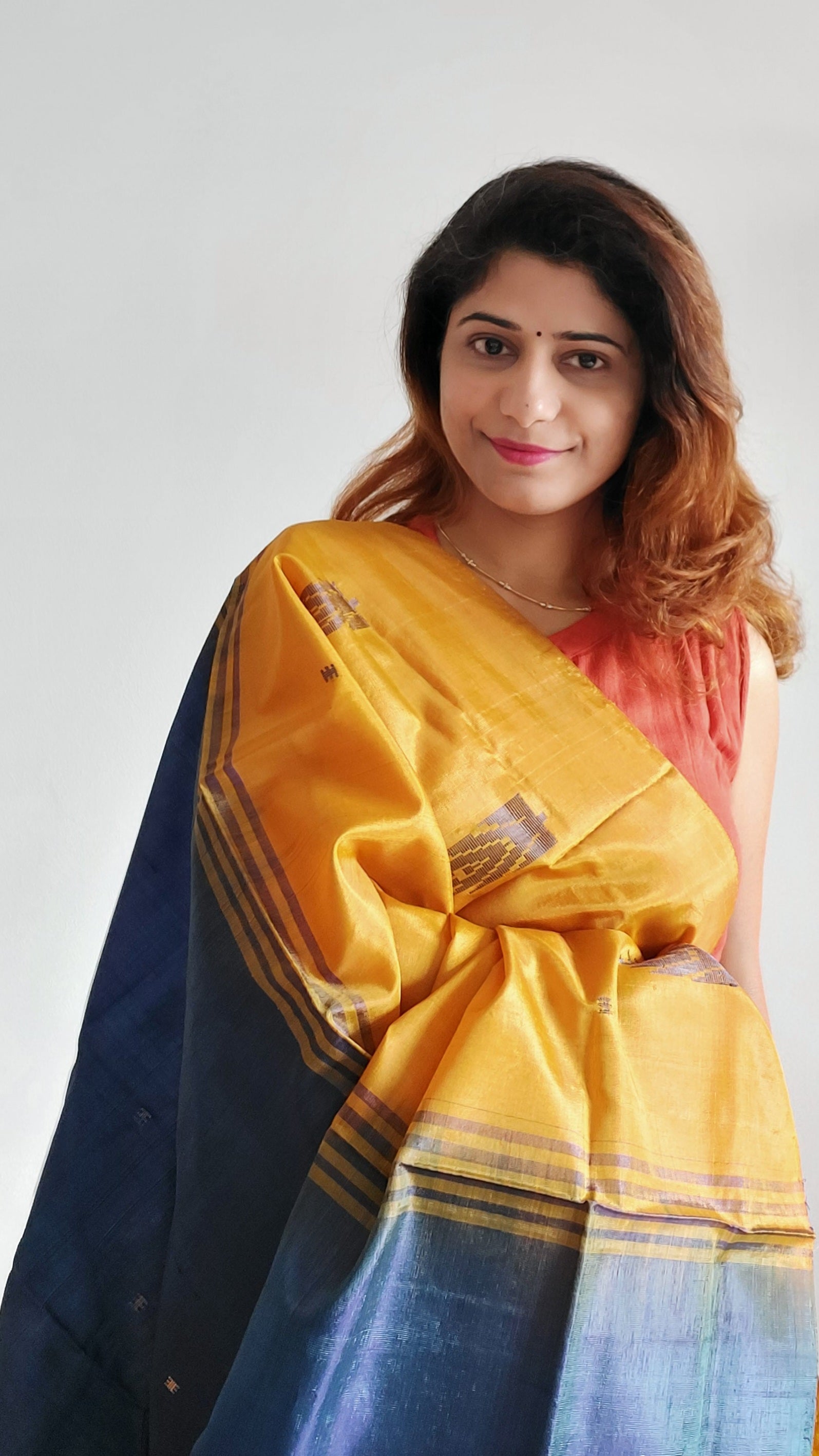 Handwoven Banana Pith Silk Saree- Mustard Yellow and Shot Blue