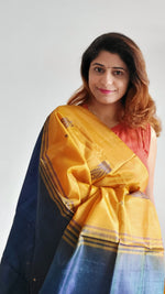 Load image into Gallery viewer, Handwoven Banana Pith Silk Saree- Mustard Yellow and Shot Blue
