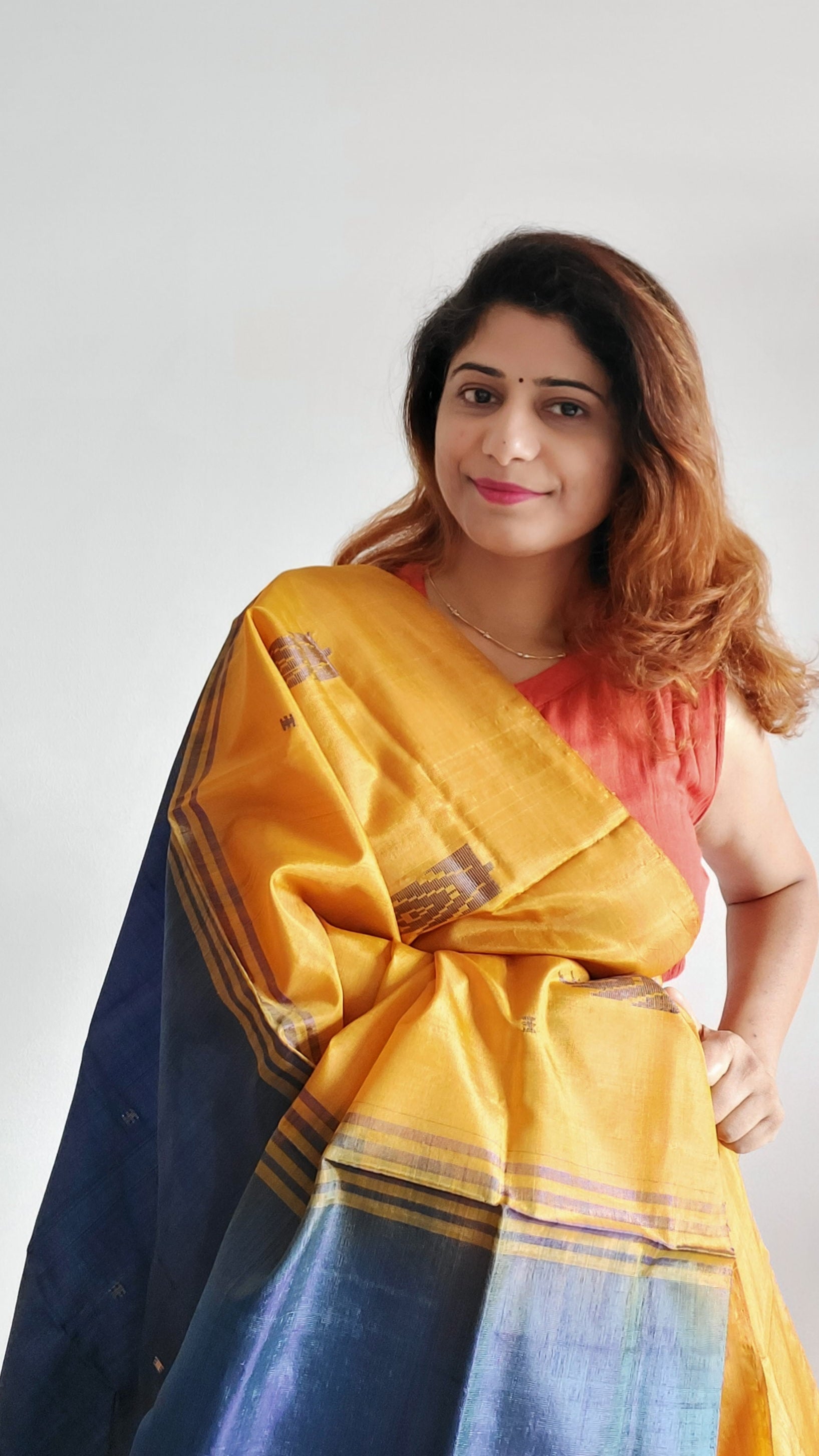 Handwoven Banana Pith Silk Saree- Mustard Yellow and Shot Blue