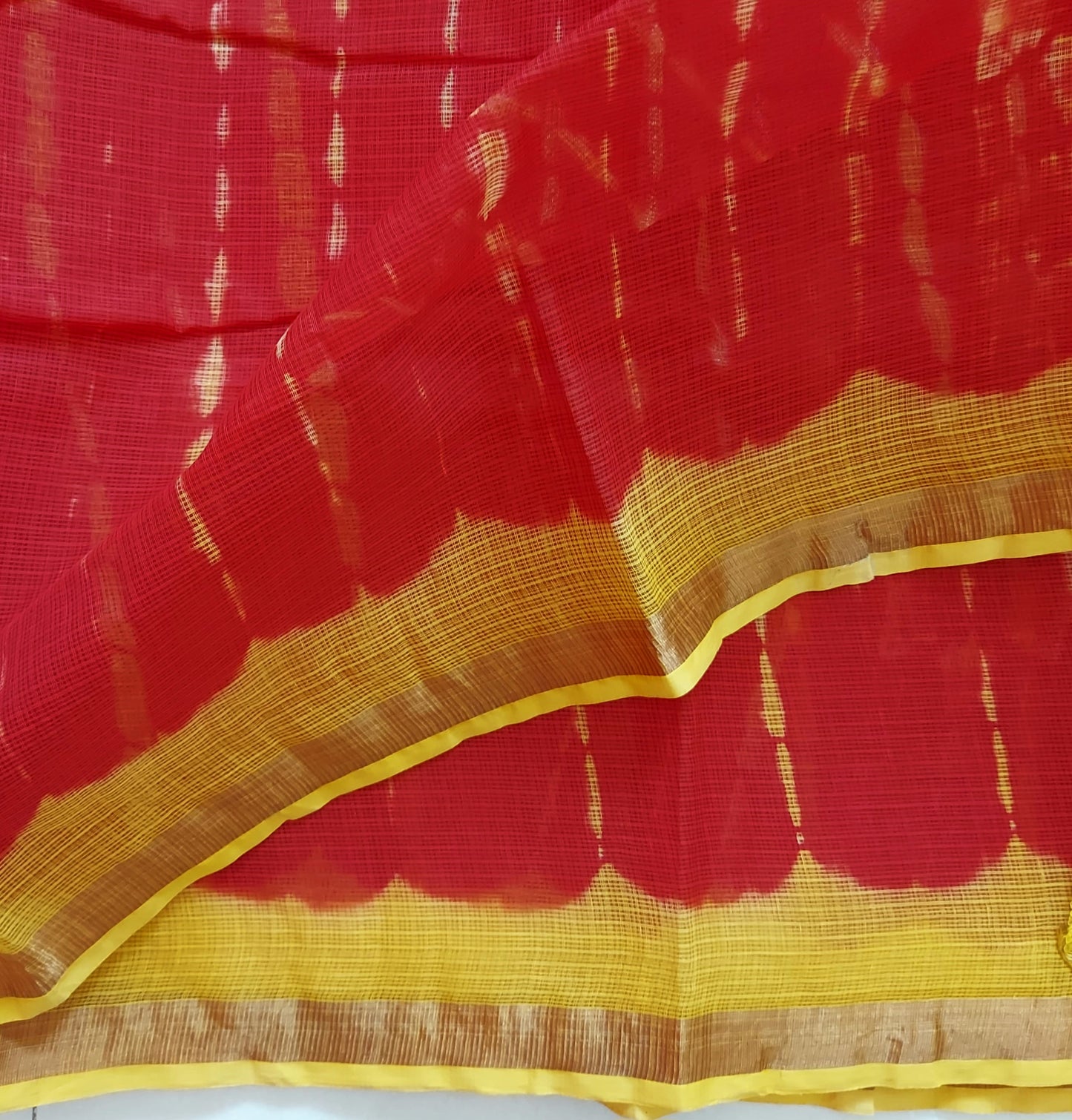 Pure Kota Cotton Hand Tie and Dye Shibori Saree- Red-Yellow