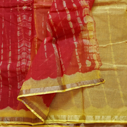 Pure Kota Cotton Hand Tie and Dye Shibori Saree- Red-Yellow