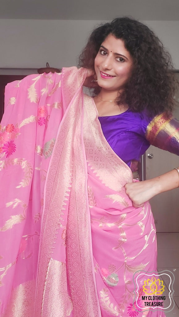 Flameboyant Dark Pink Banarasi Silk Saree With Assemblage Blouse Piece –  LajreeDesigner